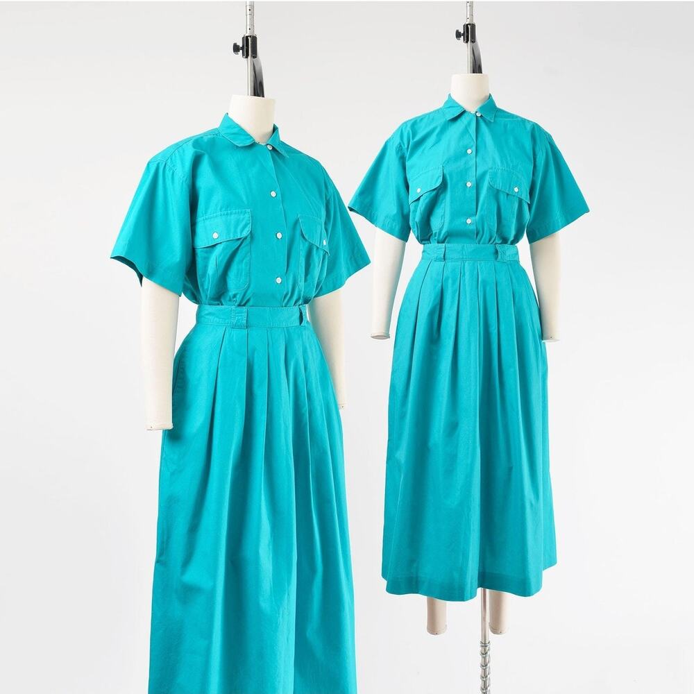 Vintage 80s Teal Cotton Set Turquoise Two Piece Shirt and Pleated Midi Skirt M